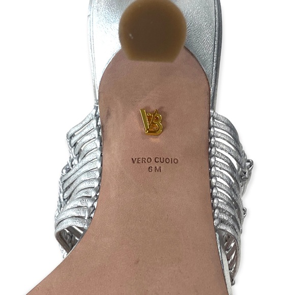 VERONICA BEARD Woven Crochet Leather Heeled Sandals, Silver, Size 6 - Picture 7 of 7